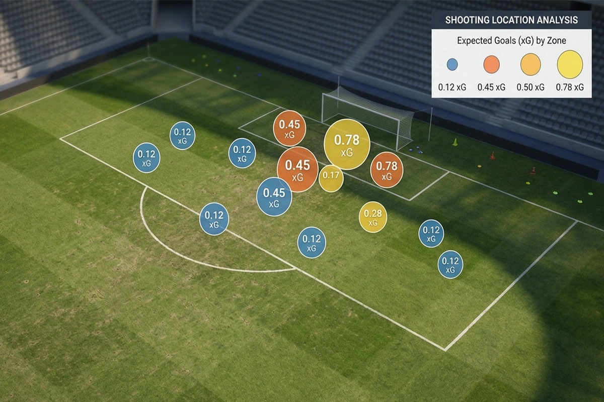 Schematische Darstellung eines Fußballstrafraums mit markierten Schusspositionen