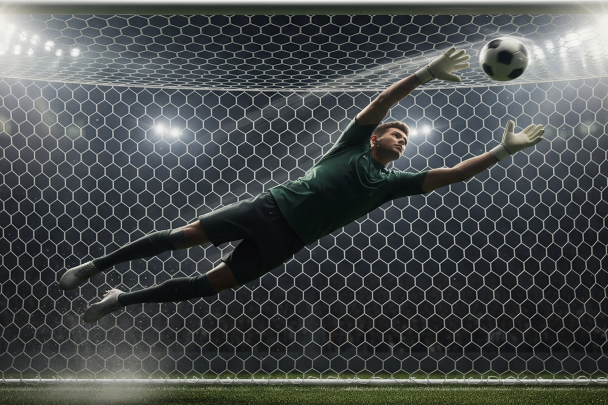 Torwart streckt sich nach einem Ball der Richtung Toreck fliegt