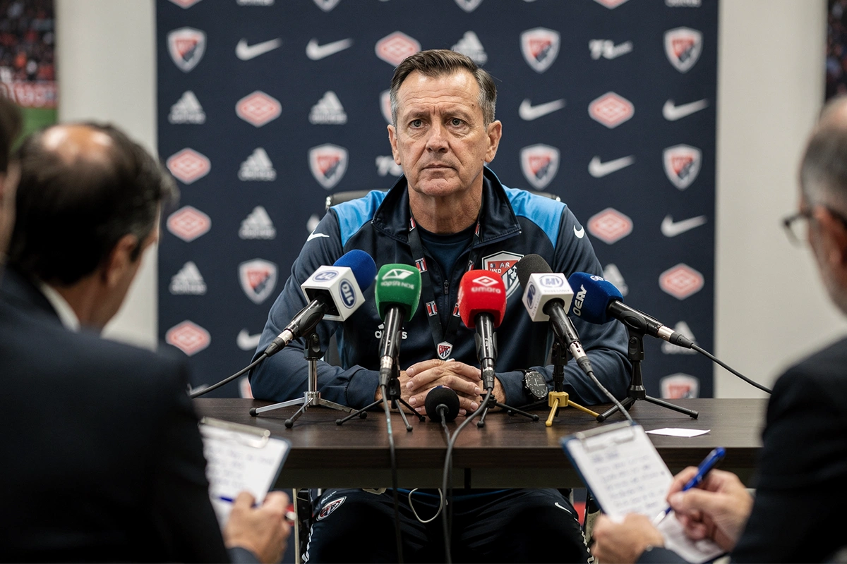 Fußballtrainer sitzt bei einer Pressekonferenz vor Mikrofonen und Journalisten
