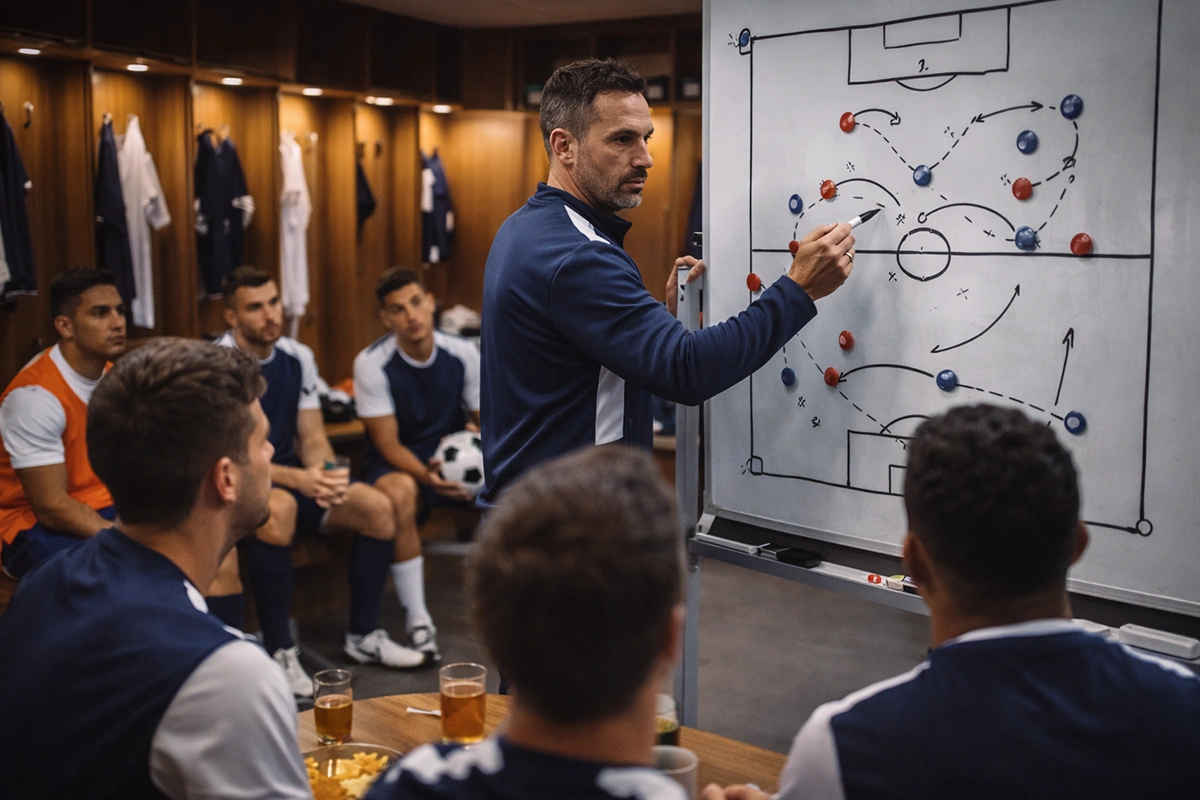 Trainer erklärt Spielern die Taktik auf einer Tafel in der Kabine