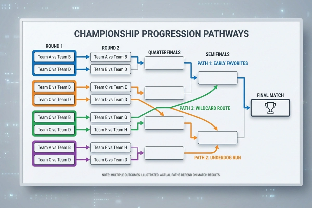 Schematische Darstellung eines Turnierbaums mit verschiedenen Pfaden zum Finale