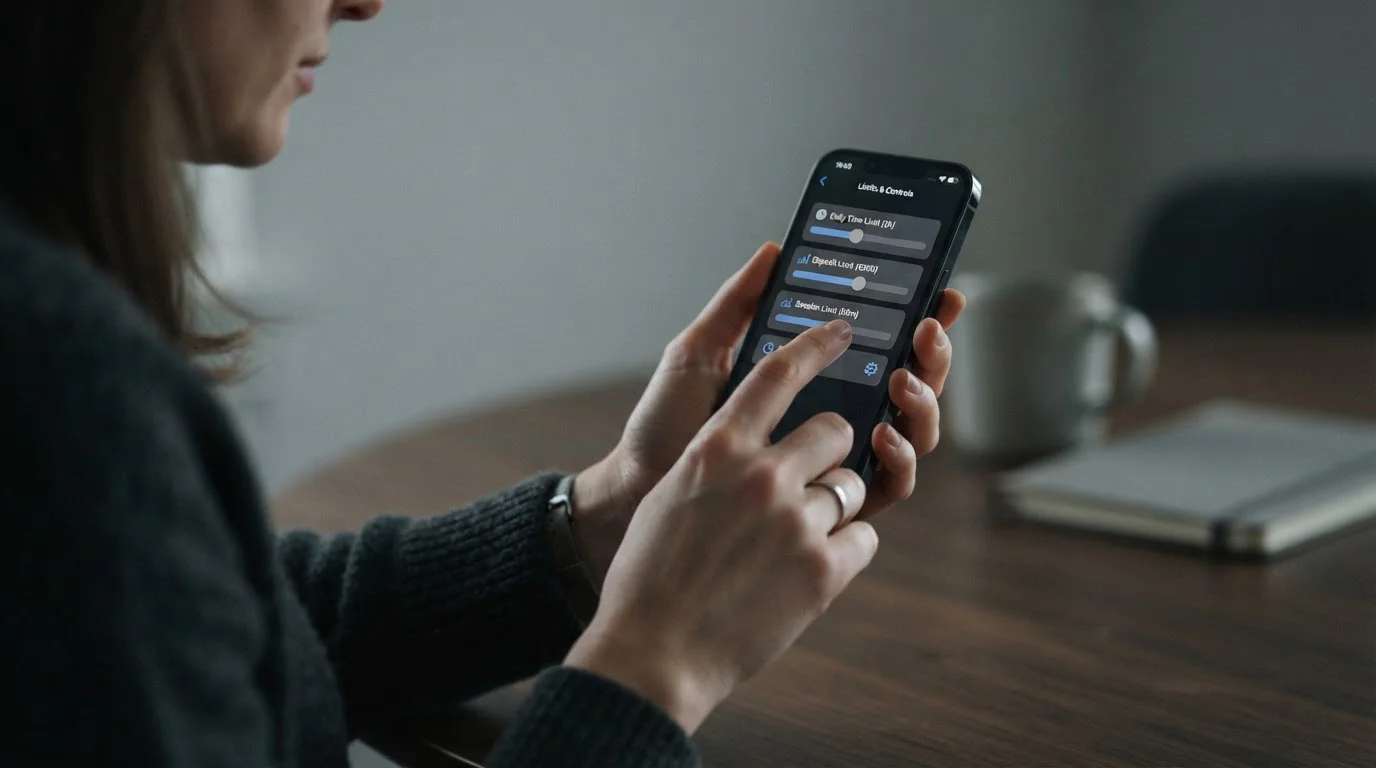 Smartphone in Hand zeigt Einstellungsmenü für Limits, bewusster Umgang mit Wettoptionen