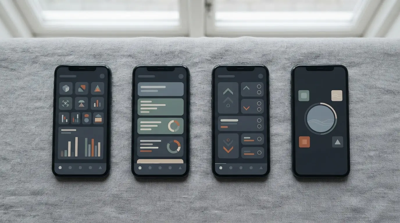 Mehrere Smartphones nebeneinander mit verschiedenen Wett-App-Interfaces auf neutralem Hintergrund