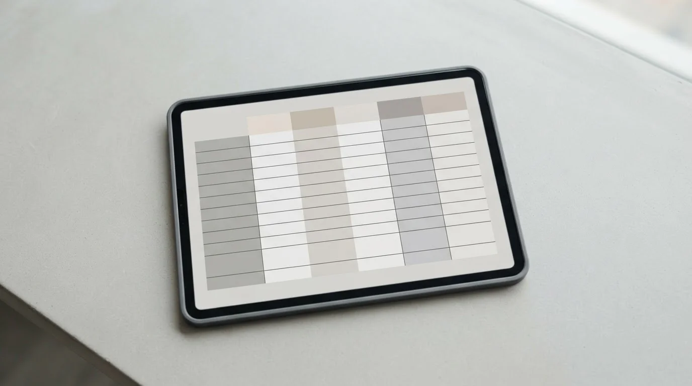 Vergleichstabelle auf Tablet-Bildschirm mit neutralen Zeilen und Spalten
