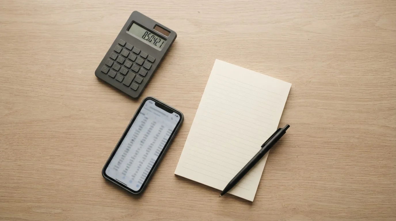 Taschenrechner und Smartphone auf Schreibtisch neben Notizblock