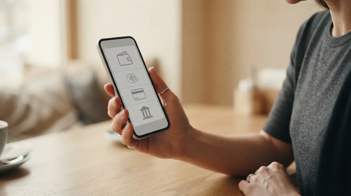 Smartphone mit abstrakten Zahlungsoptionen, alternative Methoden sichtbar