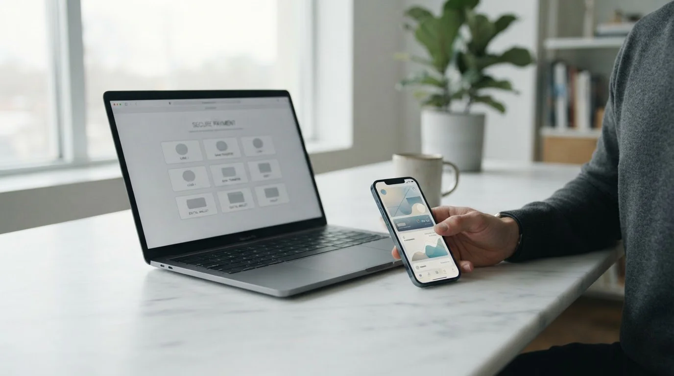 Smartphone zeigt Krypto-Wallet-Interface neben Laptop mit Zahlungsoptionen