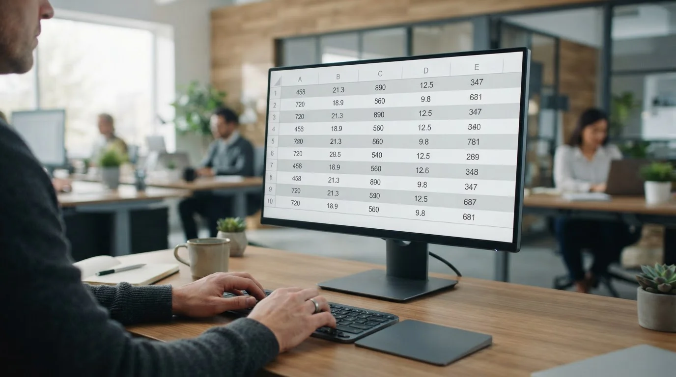 Monitor mit einer schlichten Zehn-Zeilen-Tabelle, während Hände auf der Tastatur tippen