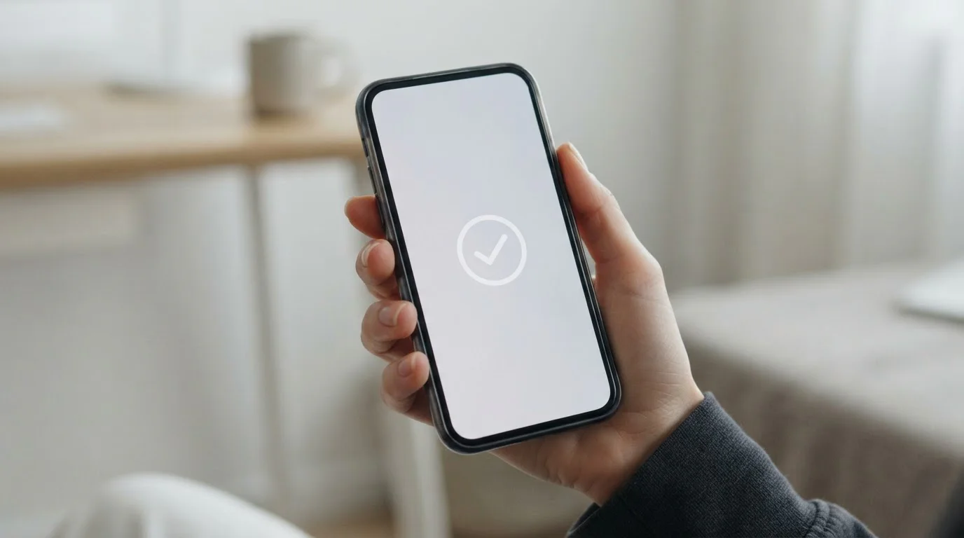 Hand hält Smartphone mit Zahlungsbestätigung auf dem Display