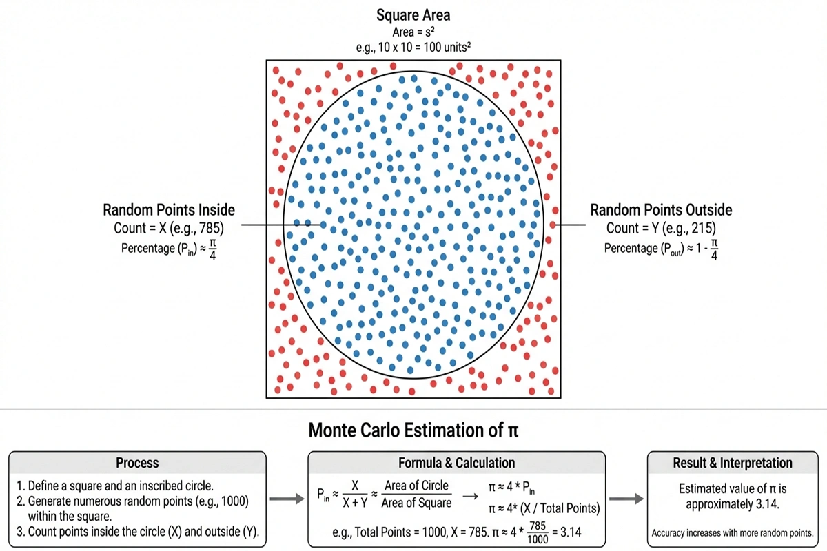 Grafische Darstellung von zufällig verteilten Punkten zur Illustration des Monte-Carlo-Prinzips